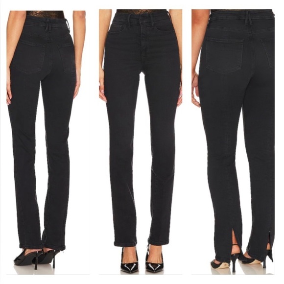 NEW Good American Good Legs Straight Leg Heans Black Denim Sz 0/25 Ankle Zippers - Picture 1 of 16